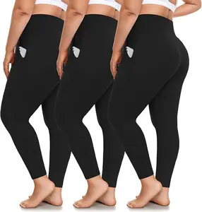 3 Pack Plus Size Leggings with Pockets for Women 1X-5XL High Waist Stretchy Soft Pants for Workout Running Yoga Black