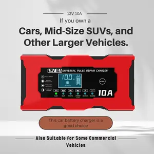 SUHU 12V 10A Fast Car Battery Charger, Maintainer & Desulfator for Motorcycles, ATVs, Lithium & Deep Cycle Batteries
