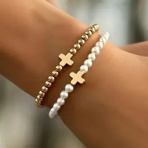 2Pcs Women's Fashion Bracelets Retro Handmade Beaded Bracelets Set Exquisite Golden Cross Elastic Beads Bangle Bohemian Couple Chain Set Vacation Travel Beach Party Jewelry Gift
