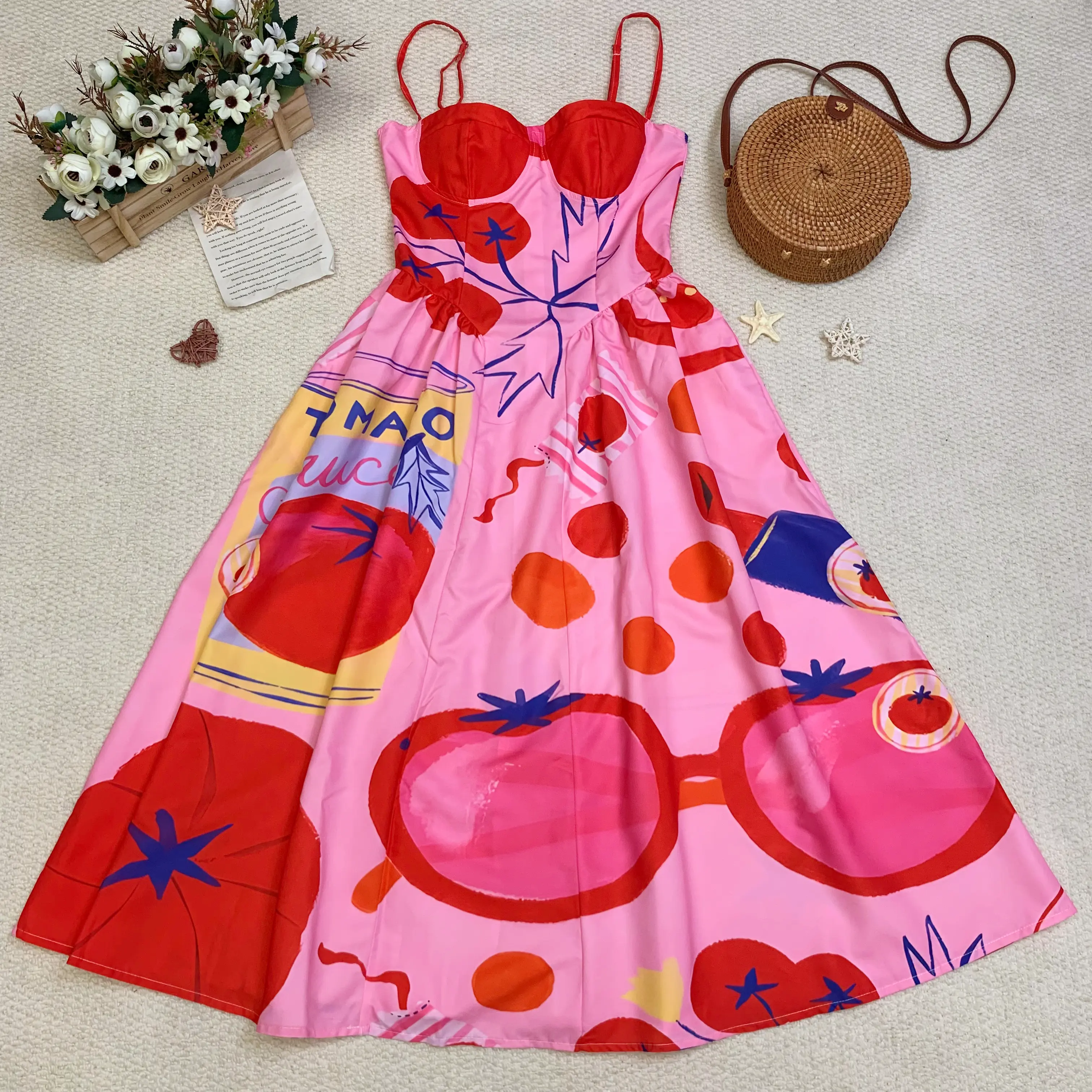 Small-breasted Pop Artistic Cherry Graffiti Tube Dress in High