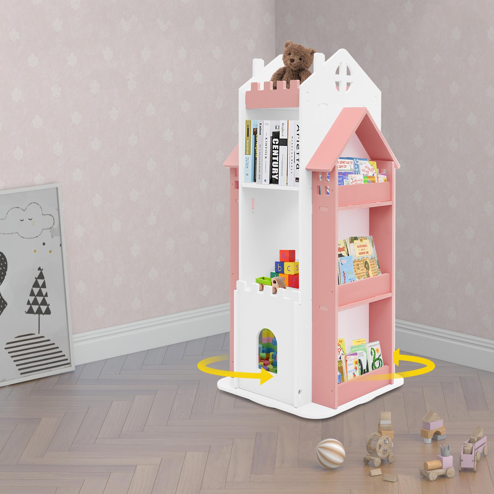 Modern pink-and-white color-block children’s rotating bookshelf, made of PVC×ABS, durable and easy to clean, high load capacity, multi-tier large storage capacity, freestanding floor-standing organizer for home, kids’ rooms, and studies/libraries.