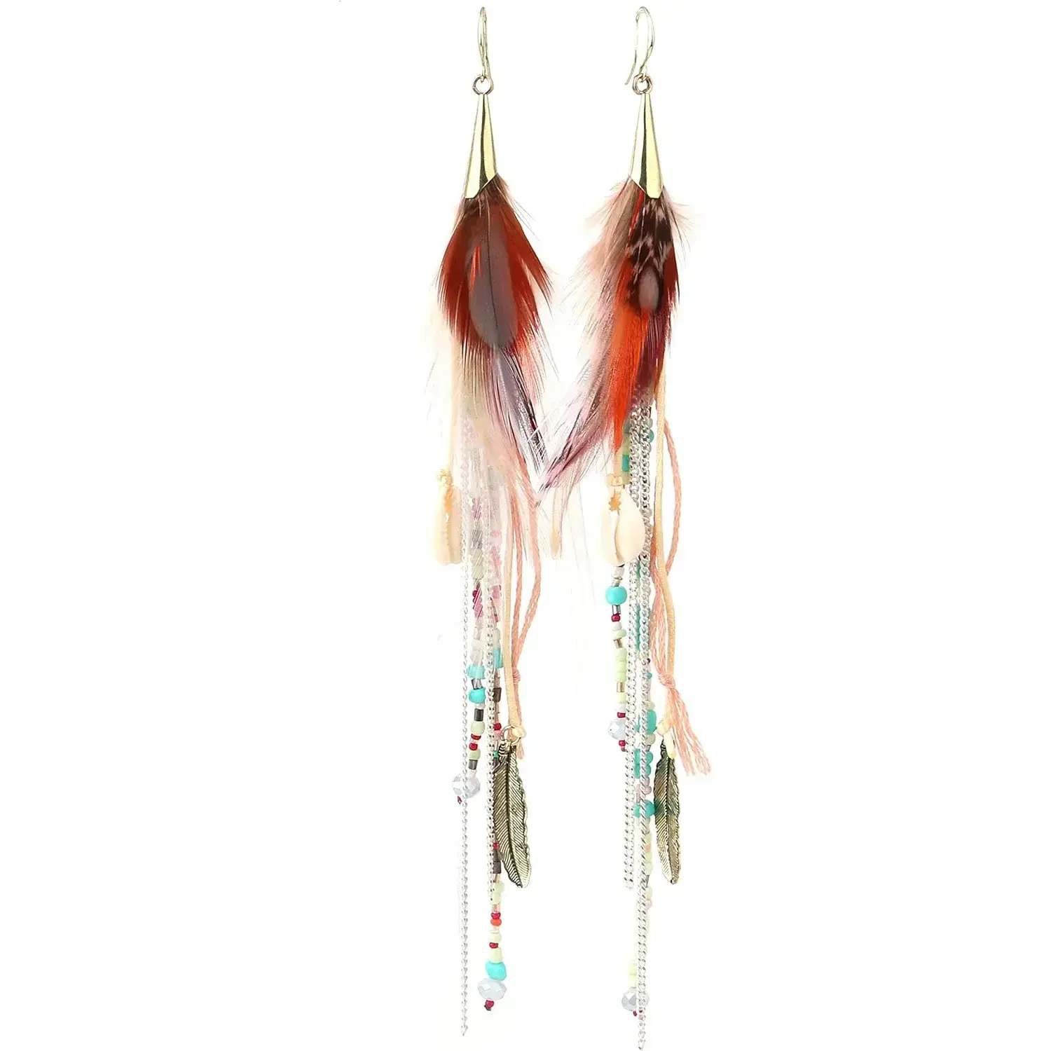 Women's Boho Wind Clavicle Hang Seed Beads Drop Earrings - 8.6 in (22 cm) Long Tassel Design with Shell Beads, Copper Chain for Theme Party