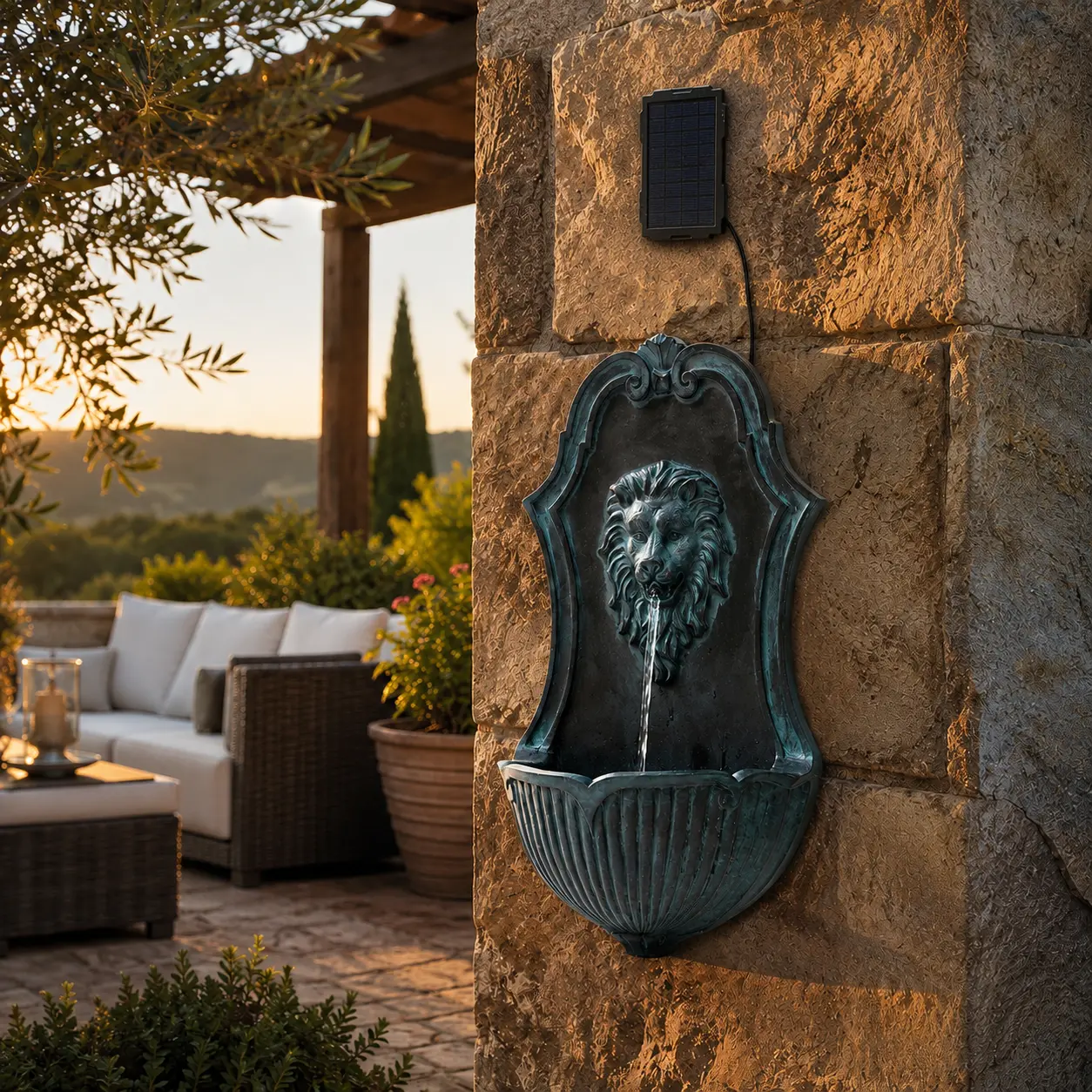 Solar Wall Fountain for Outdoor Garden – Lion Head Design, 29.9" Gray Resin