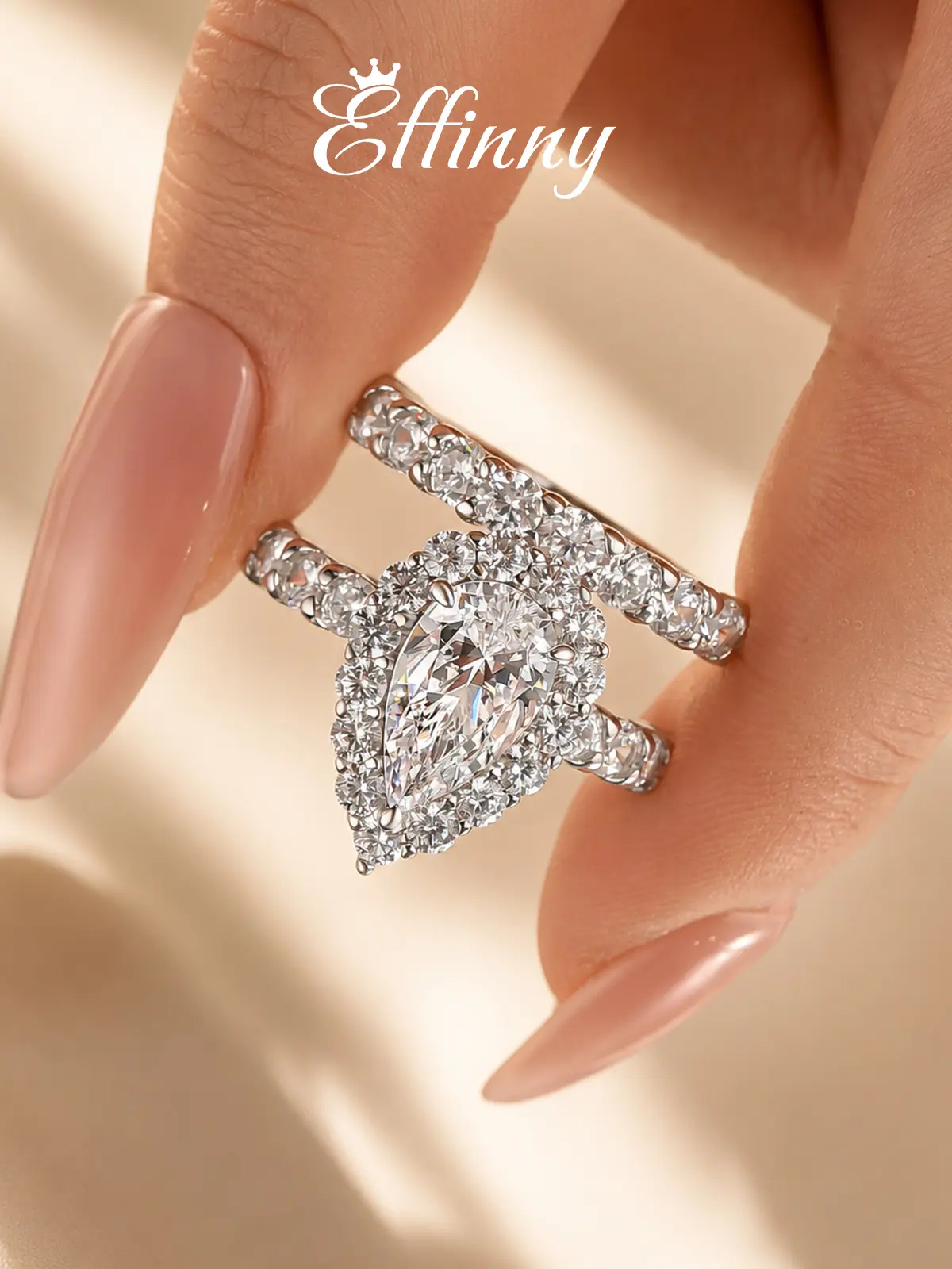 Effinny 925 Sterling Silver 3.0ct Classic 2PC Halo Pear Cut Wedding Ring Set, No Tarnish Promise Ring, 5A Cubic Zirconia Women's Ring for Wedding, Female, Daily
