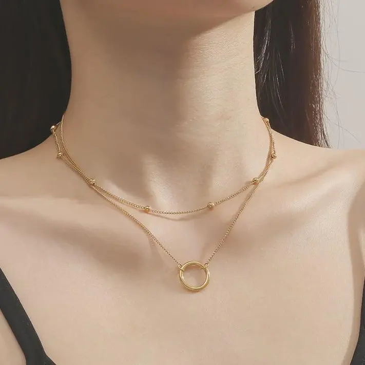 Clean Girl Aesthetic 18K Gold Plated Titanium Steel Layered Necklace, Tarnish Free Waterproof Minimalist Circle Pendant Jewelry, Quiet Luxury Audrey Necklace Stacks for Women