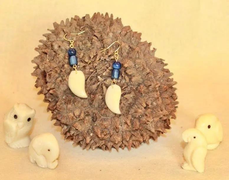 Ivory and Blue Tagua Nut Earrings