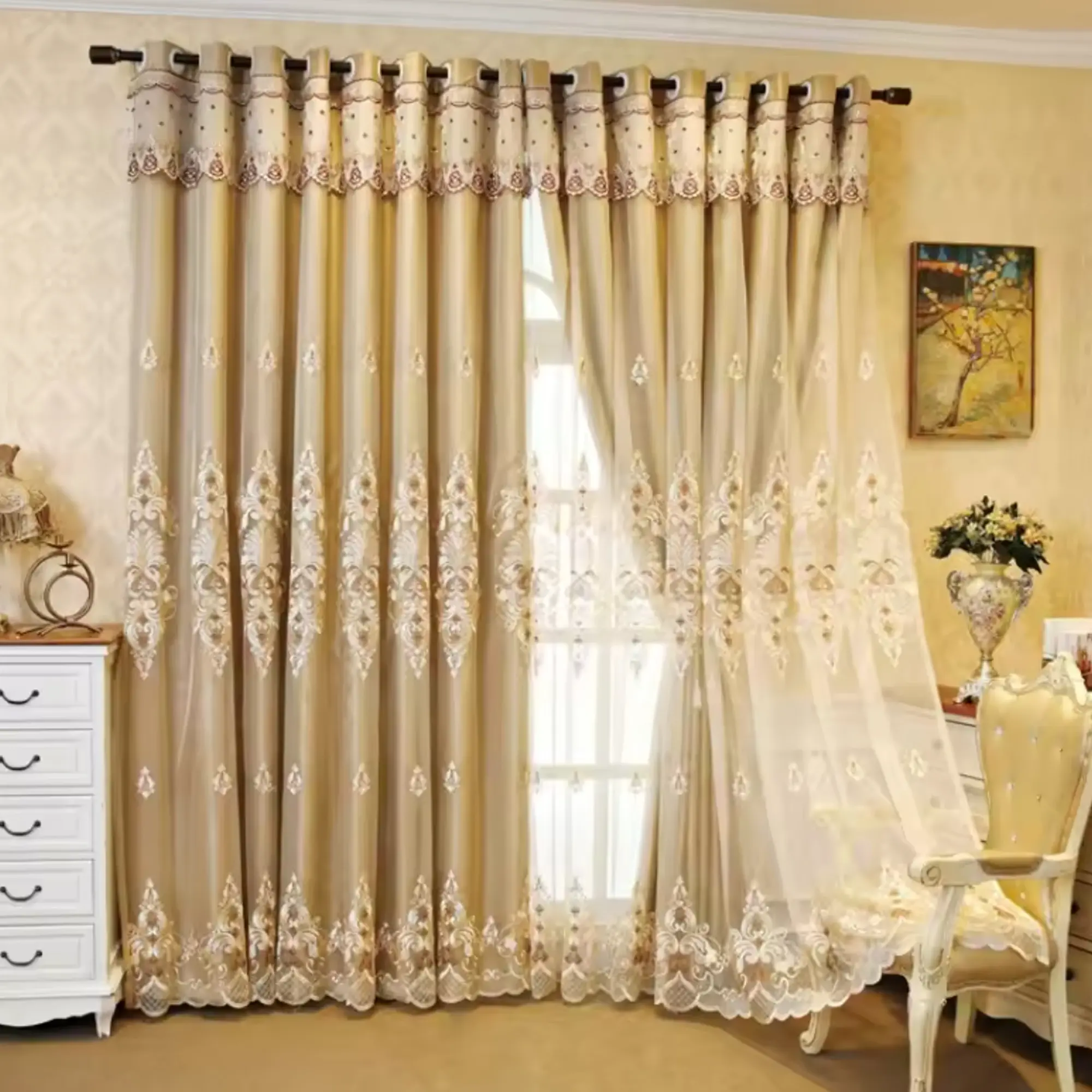 European Embroidered Blackout Heavy Curtain Panel, Home Decoration Curtain, Polyester Fiber Drapes for Living Room & Bedroom, Fashionable Seasonal Decor