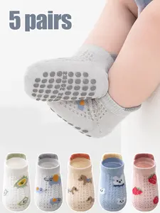 5 Pairs Baby Boys Girls Anti-Slip Socks, Breathable Floor Socks, Soft Comfortable Fabric, Cartoon Pattern, Toddler Walking Socks