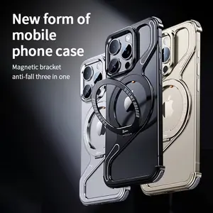 Metal Z Shape Magnetic MagSafe Stand Phone Case for iPhone 13 14 15 16 Pro Max - Removable Snap-on Rimless Cover, Protective Casing, Magnetic Bracket Protector Protection