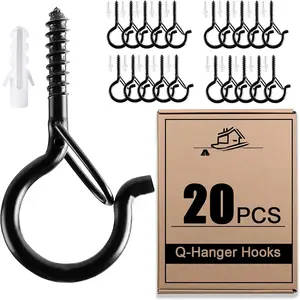 20 count Q Hanger Hooks with Safety Buckle, Windproof Screw Hooks for Hanging Outdoor String Lights, , Christmas Patio Lights, 2.2 Inches, Black