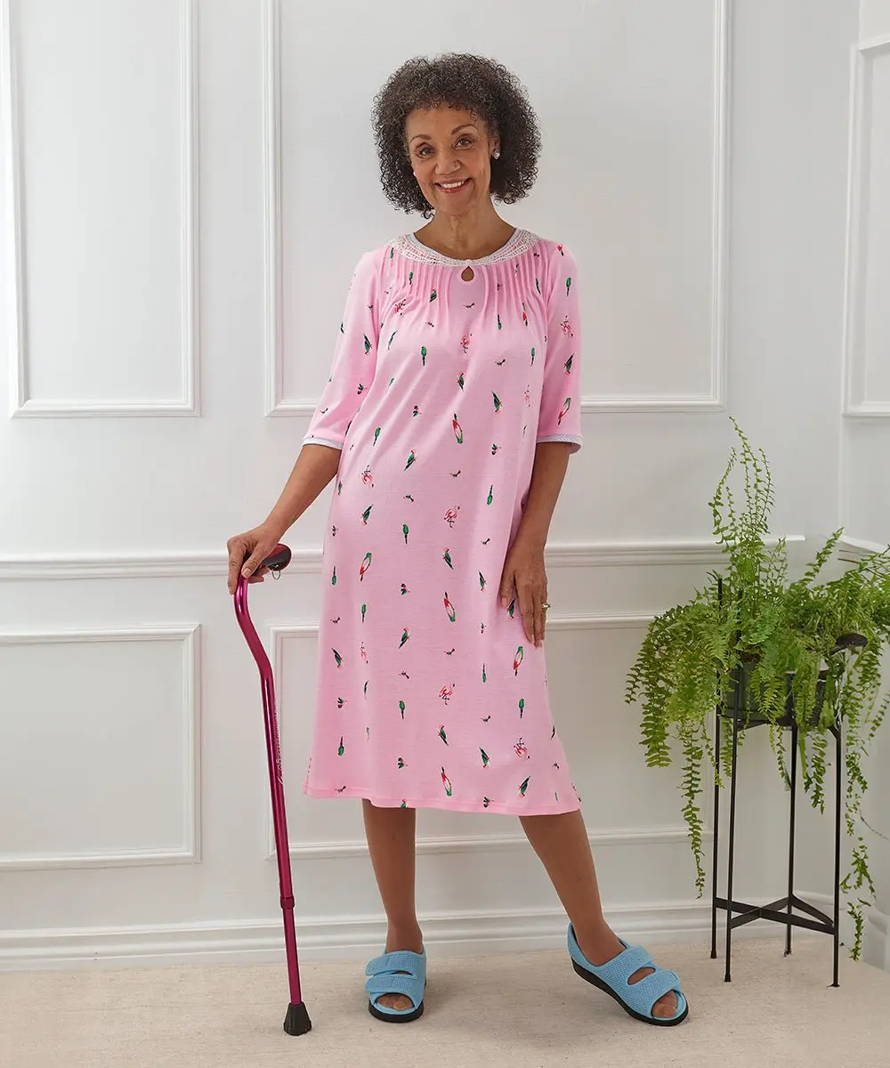 Women's Cotton Knit Nightgown - Top with Cute Cornflower Floral (sv2531), Sleeves, Lace Trim, Open-Back, Nursing-Friendly Sleepwear