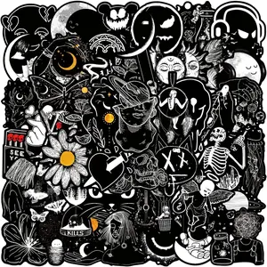 50pcs Gothic Stickers Pack, Black and White Skull Stickers for Water Bottle Laptop Luggage Skateboard Planner Scrapbooking, Waterproof Vinyl Horror Decals for Teens Adults (Black-A)