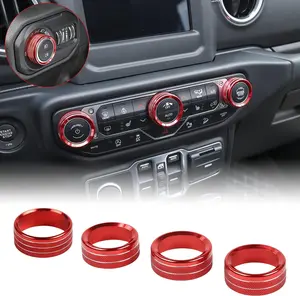Air Conditioner Switch Knob Cover & Headlight Knob Cover Aluminum Alloy AC Button Trims Compatible with Jeep Wrangler 2018-2023 JL JLU & 2020-2023 Gladiator JT with Specific Dial Panel, Red