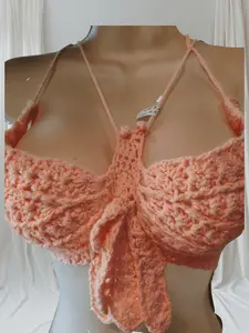 USA Crocheted Shell Butterfly Top in Apricot - Lightweight Cotton Blend Yarn with Adjustable Straps for A/B Cups