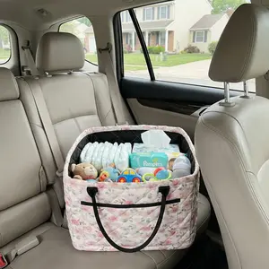 【Free Ship】Car Interior Storage Basket, Pink Floral Storage Organization with Handle Pocket for Mom Women, Durable Large Capacity Heavy Duty Storage Bag