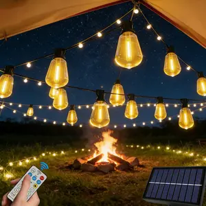 Outdoor waterproof solar string lights with remote-controlled LED lights, shatterproof ST38 bulbs patio lights, suitable for backyard, balcony, garden, wedding and festival decoration.
