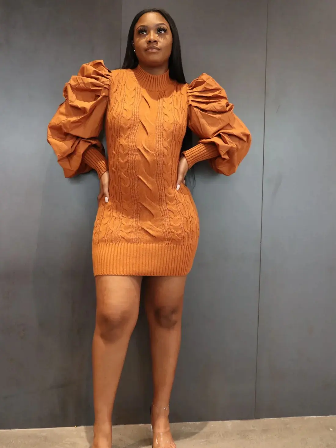 Amber - Puffy Sleeve Sweater Mini Dress