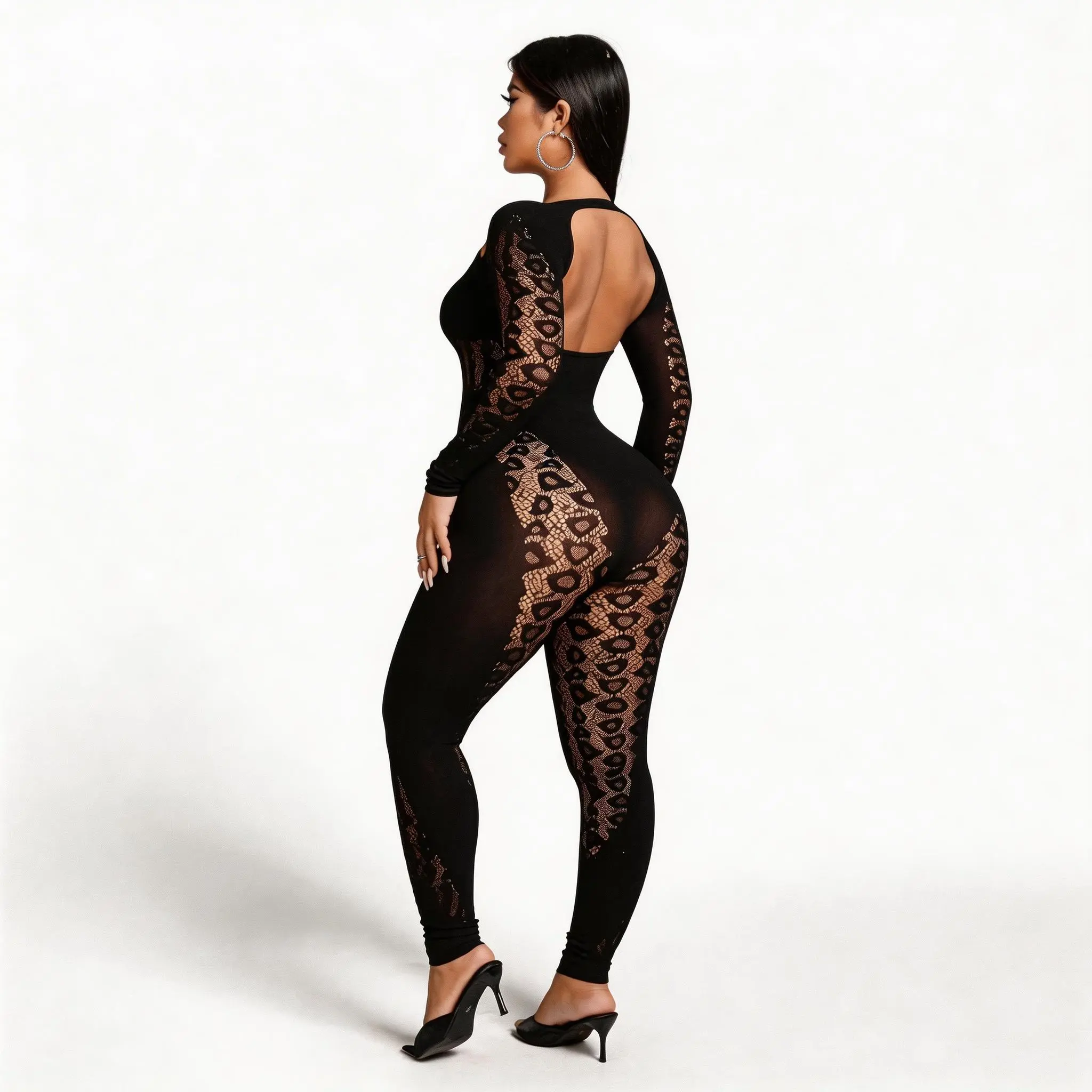 Bodycon Jumpsuit Snatched Curve Sculpting Long Sleeve Hollow Out Lace Jumpsuit for Night Out Clubwear Baddie Aesthetic Fit Leopard Womenswear