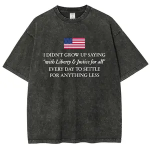 Liberty And Justice For All American Flag Patriotic Statement Unisex Acid Washed Cotton T-Shirt, 4th of July Independence Day Vintage Sarcastic Don't Settle Graphic Tee, Casual Crewneck Short Sleeve Tops for Men Women Patriotic Gift