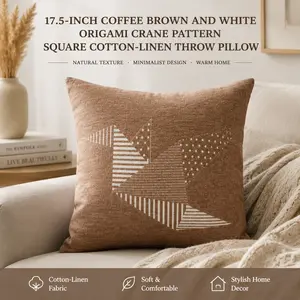 17.5" Coffee & White Origami Crane Square Pillow, Cotton Linen Decorative Cushion for Sofa, Bedroom & Home Decor