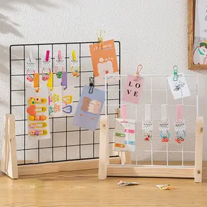 1pc Grid Countertop Display Stand Rack, storage, Grid Display Wooden Storage Rack, Portable Desktop Metal Grid Wall Stand With Wooden Base, Display Unit With 10pcs Clips, For Display Retail Handicraft Art Drawings, Photos, Art Area, Kitchen, Utensils