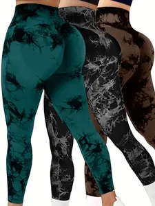 Women's 3-Pack High-Rise Tie-Dye Workout Leggings, Bottom Lifting Scrunch Butt BBL Style, Tummy Control Squat-Proof Compression, Colorful Allover Print Full-Length Yoga Athletic Pants, Bottom Lifting Leggings, Scrunch Butt Leggings