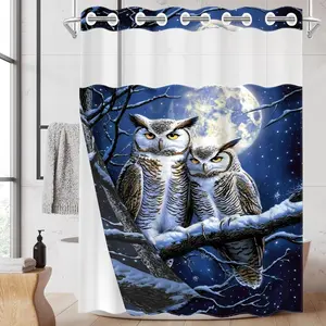 1PC/4PCS 2D Flat Printing Happy Winter Blue and White Owl Snow Scene Patterned shower curtain, home bathroom decor, shower curtain set with 12 hooks, non-slip bathroom rug, U-shaped toilet seat cover, toilet seat mat.