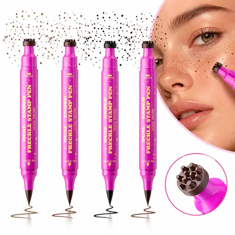 Dual Ended Freckle  Makeup Pen, 3-in-1 Natural Freckle Dotting Tool, Waterproof Smudge Proof Long Lasting Freckle Marker, 4 Shades Brown Freckle Ink Pen for Natural Sun-kissed Freckles Cosmetic Stamp Eyeliner Duo Dual-Head