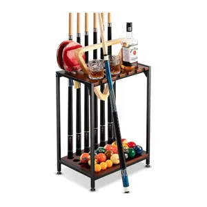 Billiards Pool Stick Holder - Floor Stand Pool Cue Rack with Ping Pong Paddle Holder - Hardwood Pool Cue Organizer for 12 Cues Sticks and Table Tennis Accessories (Brown)