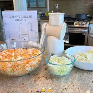 Manual Kitchen Rotary Cheese Grater with Plastic Handle, Stylish 5 in 1 Replaceable Stainless Blades Cheese Shredder,Strong Suction Base Vegetable Slicer with Cleaning Brush & Bonus Storage Box for Blades (white)