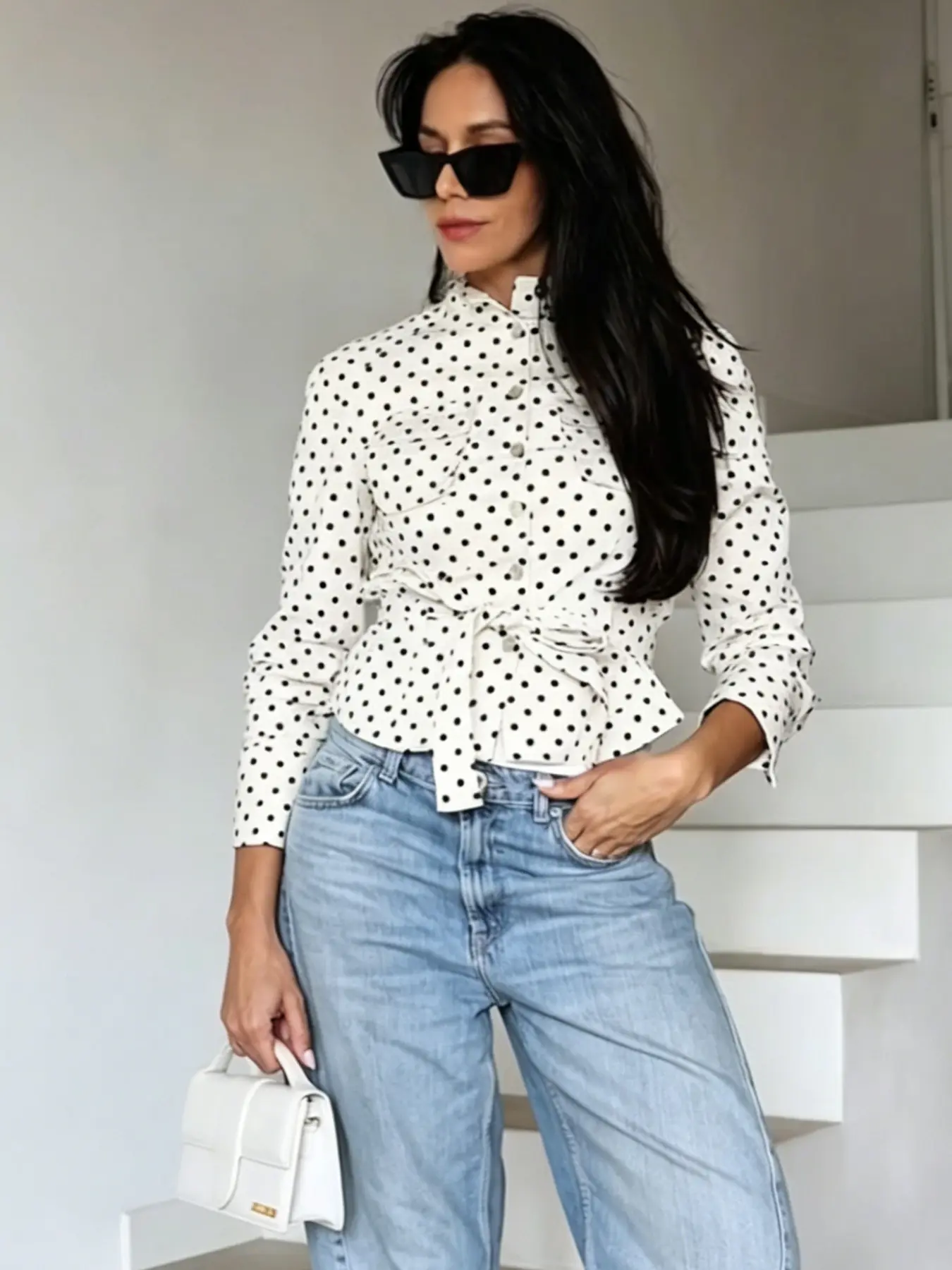 Women White & Black Polka Dot Jacket Long Sleeve Belted Shirt Stand Collar Button Down Top Women Casual Fitted Printed Jacket 2026 New Spring Autumn Fashion Streetwear Outfit Office Lady Elegant Waist Tie Tunic Casual Collared Outerwear