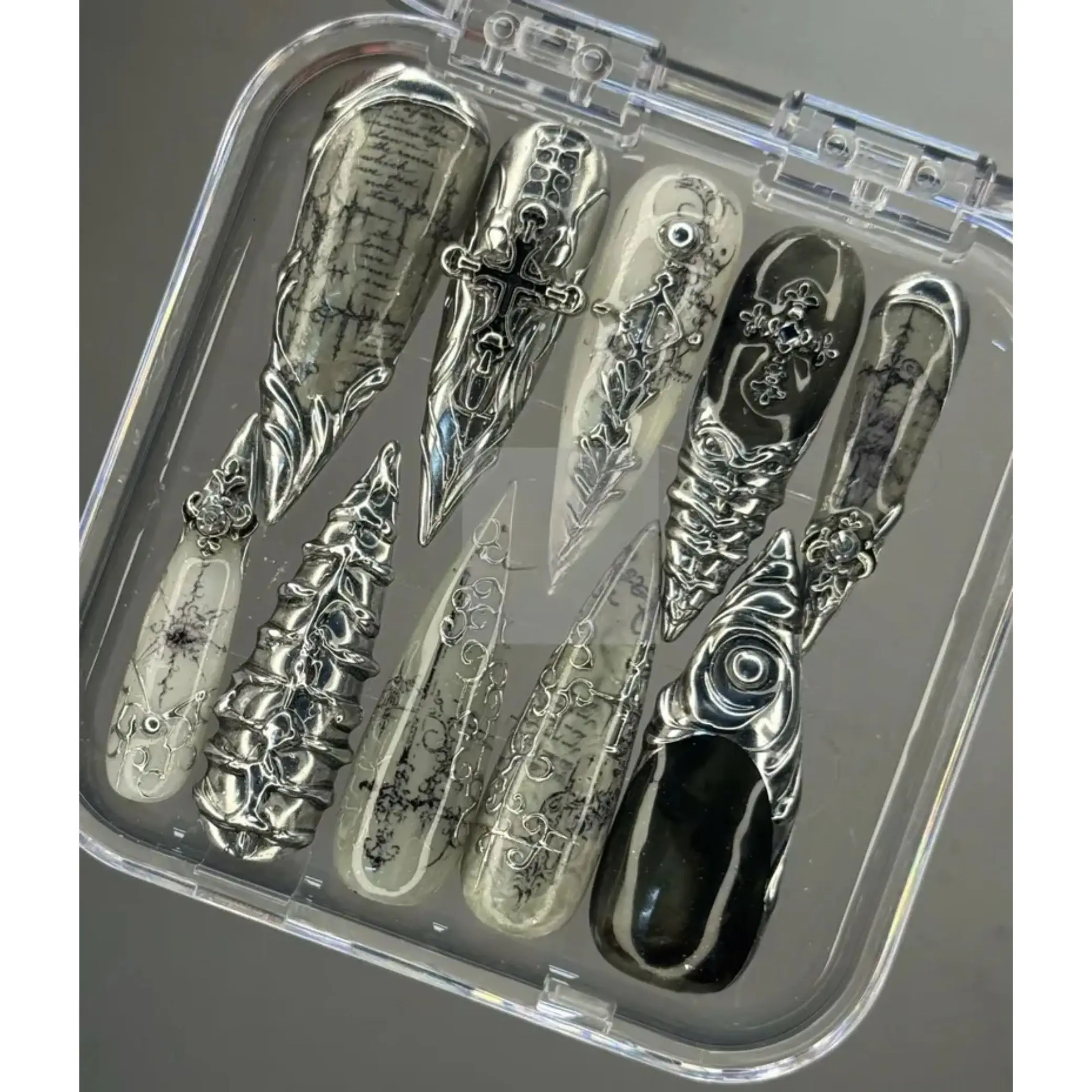 Luxury Gothic Press On Nails, Black Chrome Cathedral Nail Art with 3D Cross & Script, Handmade Reusable Nail Set