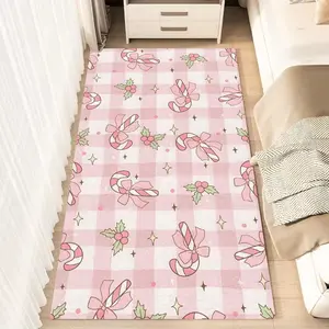 1pc Christmas Candy Cane Pink Holly Fluffy Minimalist Area Rug, Polyester 100% Flannel Carpet, Non-Slip Rectangle Floor Mat for Living Room, Bedroom, Kitchen, Office, Entryway, Bedside Rug | Washable, Cozy Holiday Gift Decor Carpet Mats