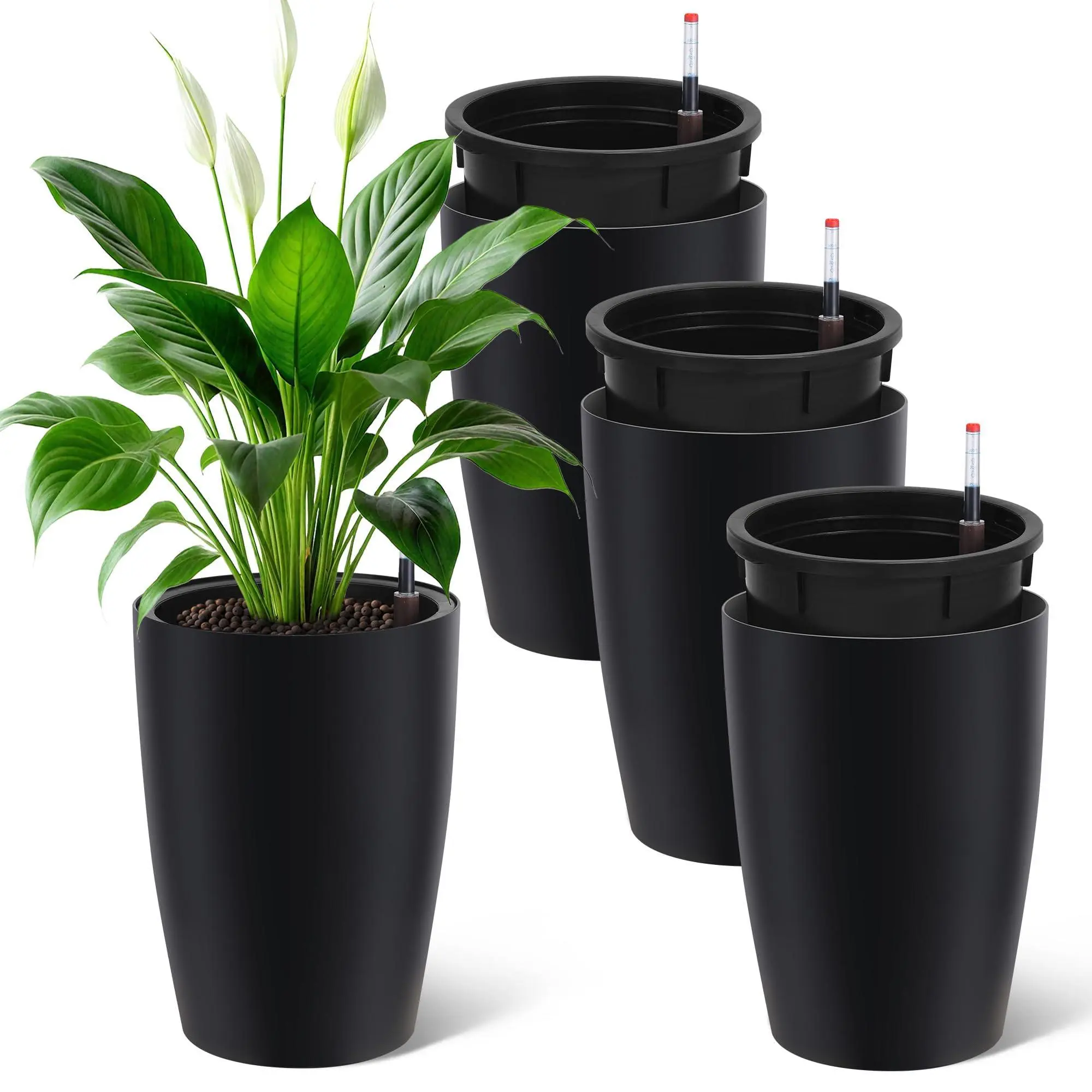 GARVEE 16 Inch Tall Black Planters Set of 4, Self Watering Flower Pots with Drainage System & Water Level Monitor for Indoor Outdoor Patio Home Office Plants