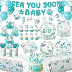 Sea You Soon Baby Shower Decorations Under The Sea Baby Shower Party Supplies Ocean Sea Animal Disposable Plates Napkins,Tablecloth,Cups,Balloon,Fork,Cake Toppers for Sea You Soon Theme Decor,Serve 24
