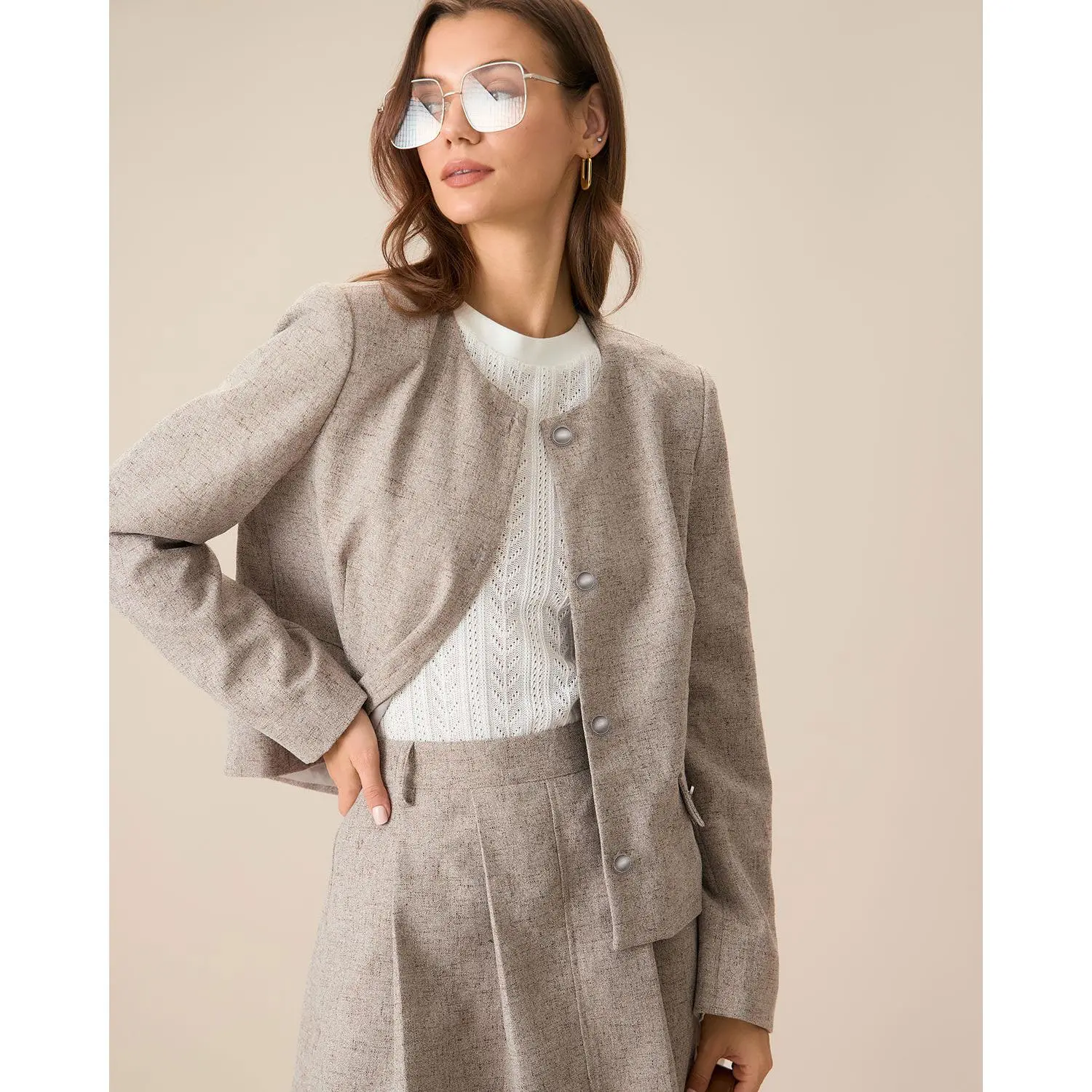 RIHOAS Women's Khaki Fitted Polyester-Blend Jacket - Lady's Business Clothes, Single-Breasted Round Neck Outerwear for Corporate Office Work, Elevated Style Polished Minimalism Womenswear