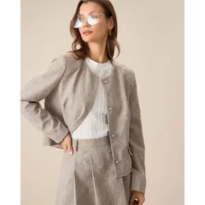 Round Neck Khaki Single-Breasted Jacket