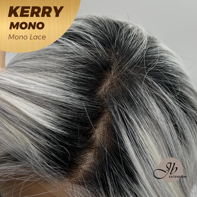 JBEXTENSION KERRY MONO Monofilament Handmade Wig 6X5 Full Monofilament Hand Tied Top Wig 18 Inches Grey with Dark Root Mono Lace Wig With Anti-slip Silicone Strips Glueless Wig KERRY MONO【BENDY EAR TABS】