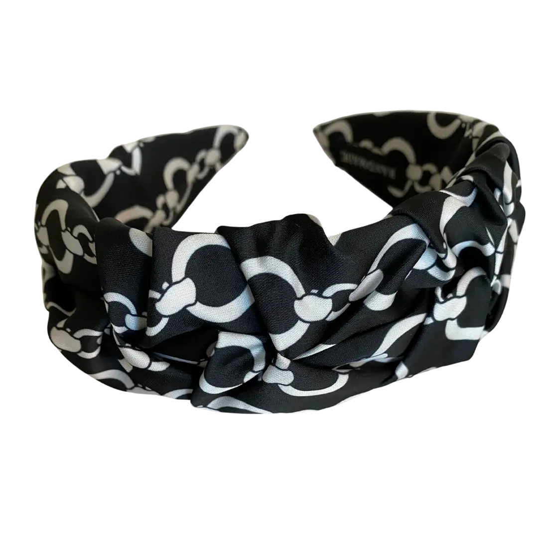Diora Knotted Satin Chain Print Headband – Black & White