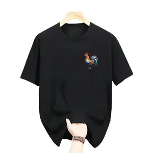 Black Graphic Tee With Colorful Rooster Print Unisex Crew Neck 100% Cotton Summer Outfit Animal Themed Apparel Perfect For Class Campus Hangouts Or Weekend Chill Vibes