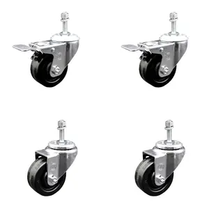 212 MAIN Service Caster SCC-TSTTL20S314-PHR-M1015-2-S-2, Phenolic Swivel Threaded Stem Caster with Roller Bearing, 3x1.25 in. Lockable Black Wheels, 10 mm Stems - Set of 4, Lockable Wheels