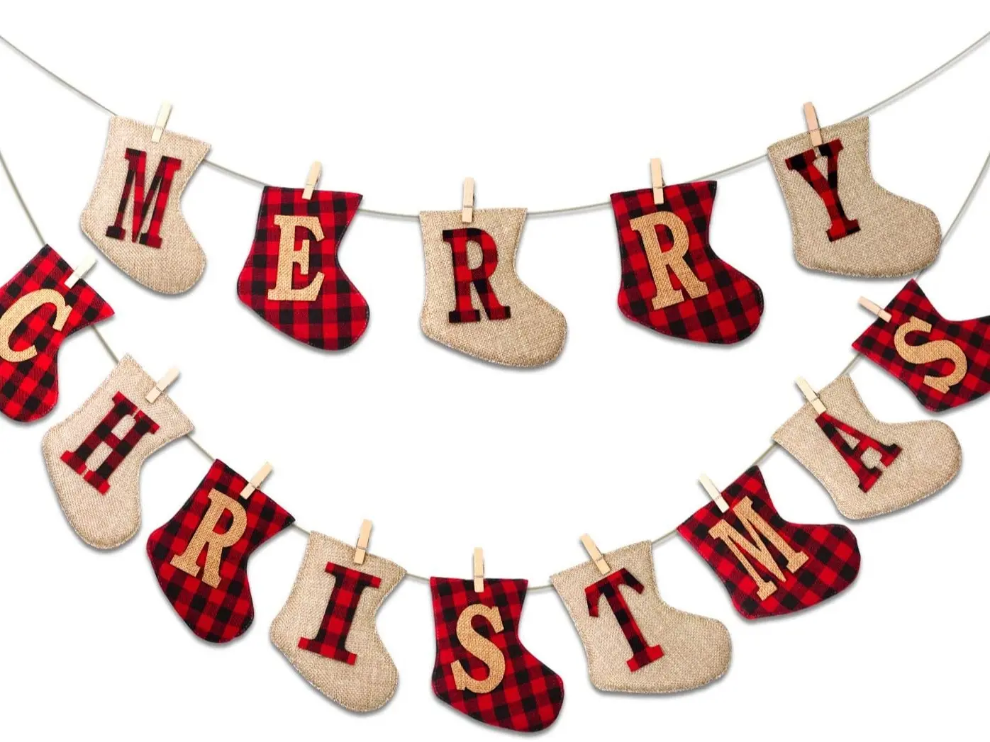 Merry Christmas Burlap Banner-Sock Shaped Christmas Decoration,Outdoor Indoor Hanging Decor,Rustic Christmas Decorations for Mantle Fireplace