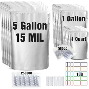 15 Mil 5 Gallon Mylar Bags for  Storage with 2500cc  Absorbers - 55 Pack Mylar Bags 5 Gallon,1 Gallon,1 Quart 3 Size, 100 count Labels and 500cc  Absorbers for Long Term  Storage