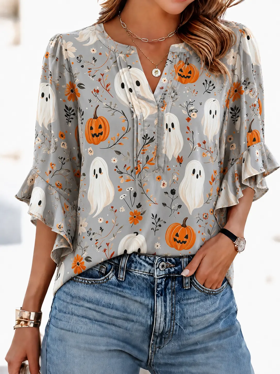 Pumpkin Ghost Ruffle Blouse , V-Neck, 3/4 Sleeves, Pleated Front, Cute Spooky Aesthetic, Halloween OOTD, Fall Statement Top