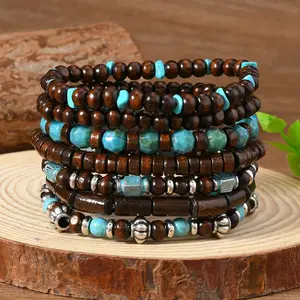 7Pcs Bohemian Retro Unisex Bracelet Set | Handmade Coconut Shell & Wood Beads with Turquoise Accents | Perfect for Daily Wear & Gift