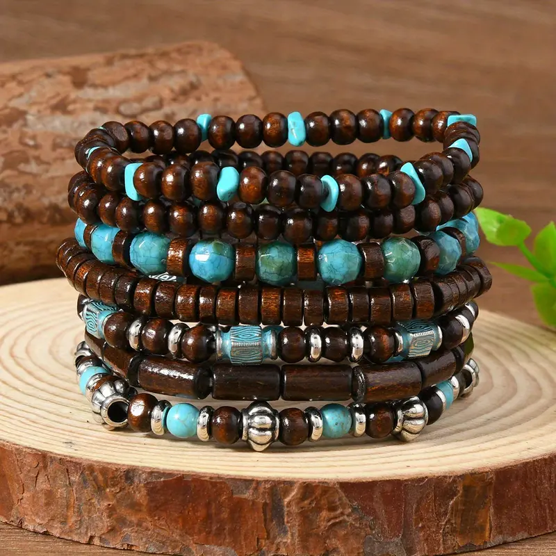 7Pcs Bohemian Retro Unisex Bracelet Set | Handmade Coconut Shell & Wood Beads with Turquoise Accents | Perfect for Daily Wear & Gift