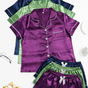 Loungewear Women's Sleepwear Set with Purple Shirt and Matching Pants in Green & Blue Accents - Womenswear Nightie Comfort Minimalist Shortsleeve - Homewear, Basic