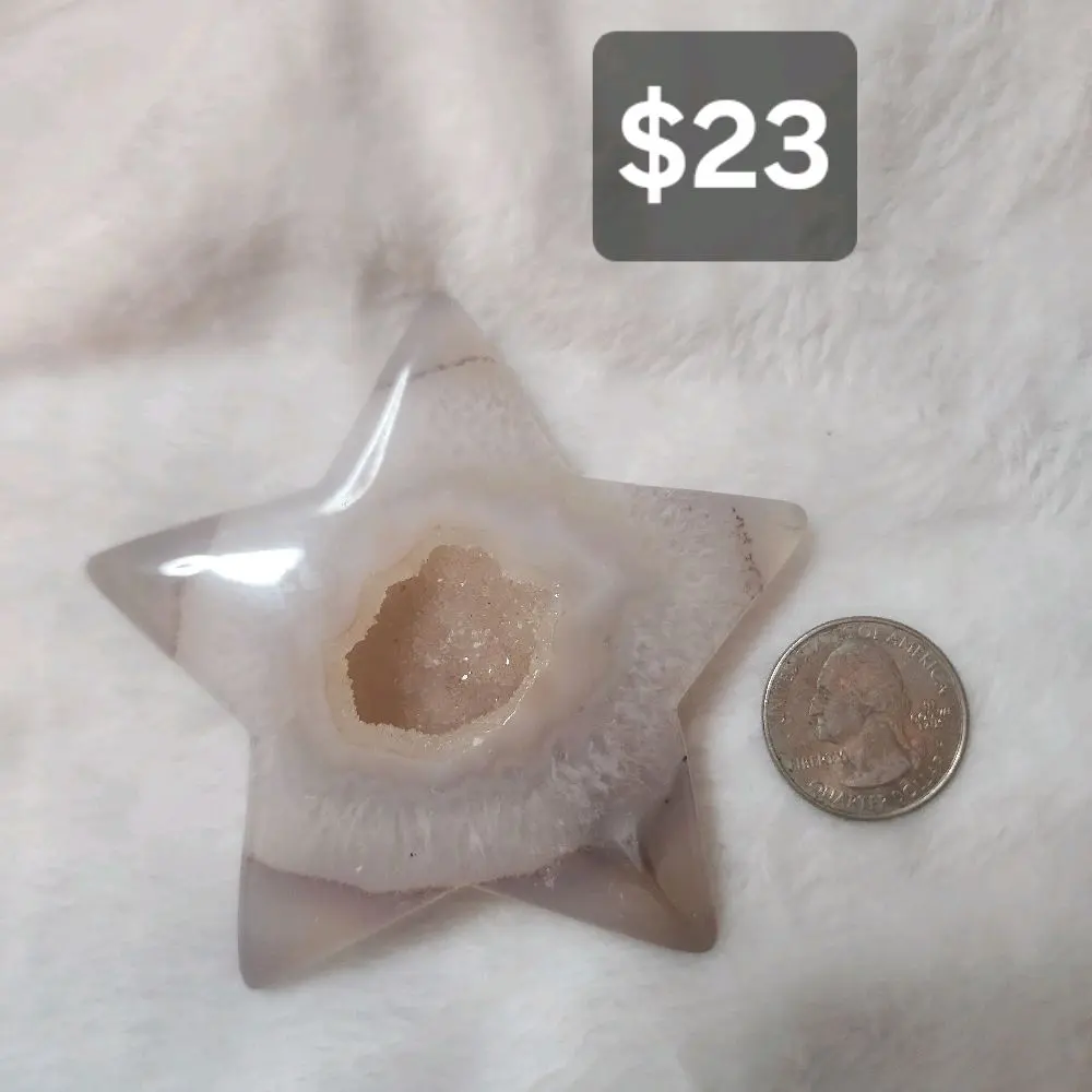 #12 Natural Gray Banded Agate Star with Druzy Center Home Decor Carving Healing Crystal for Meditation & Spiritual Gifts