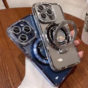 With Bracket,Supports wireless charging,Diamond frame magsafe phone case compatible with iPhone 17/17 pro max/air/16/16Pro/15Plus/15Promax/15Pro/15/14/14Promax/13/12/11 Anti-drop protective casing