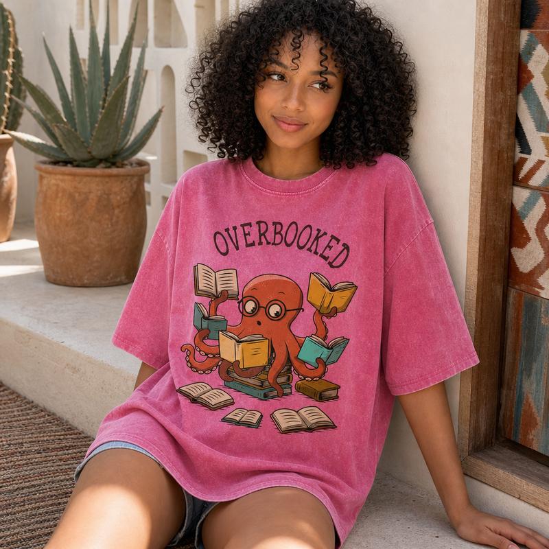 Funny Bookworm Humor Graphic Tee Women Soft Washed Cotton Overbooked Octopus Reader Shirt S-5XL